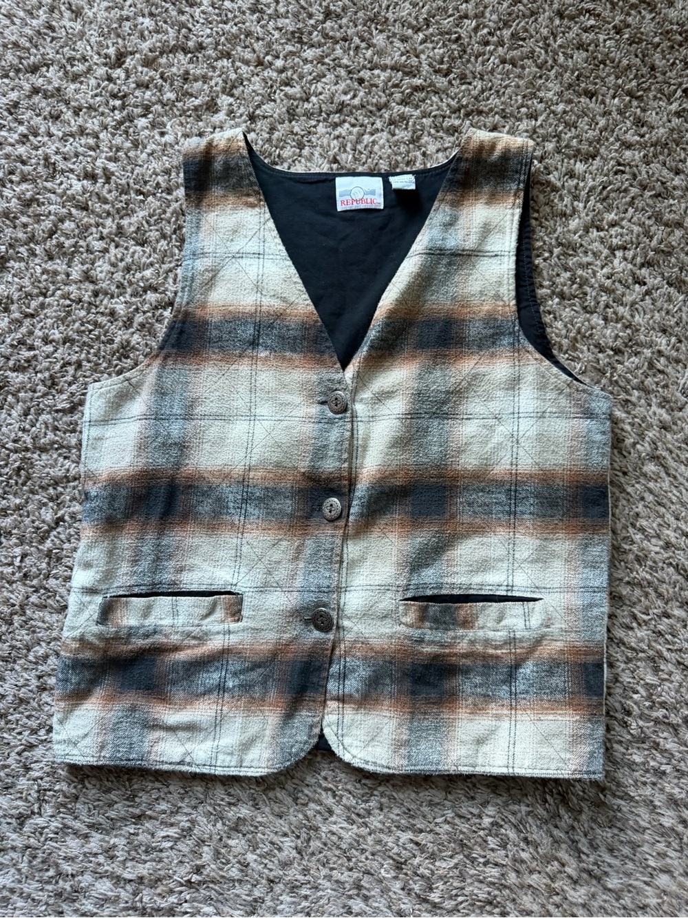 Vintage Denim Republic Quilted Plaid Vest Size M 100% Cotton Earth Tone Western
